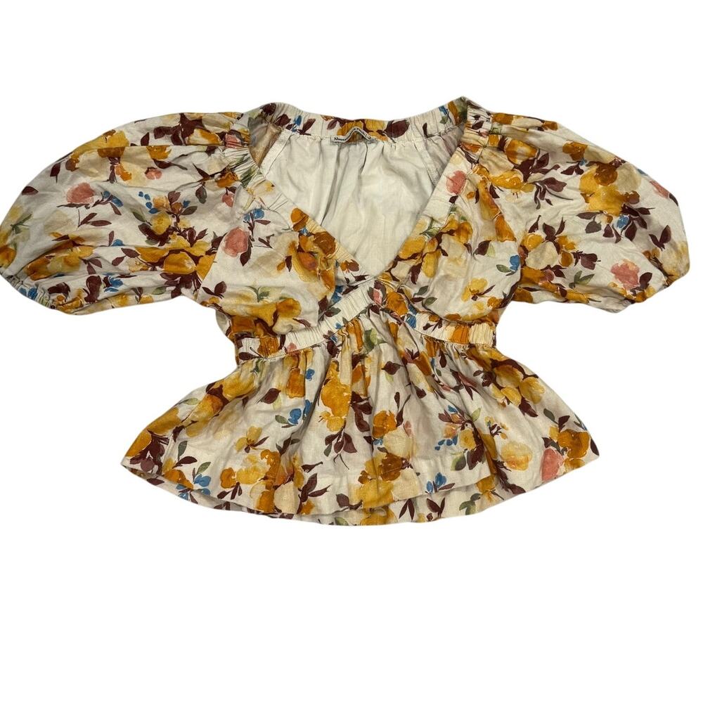 Abercrombie & Fitch Womens S Floral Linen Blend Crop Top Puff Sleeve Ruched
